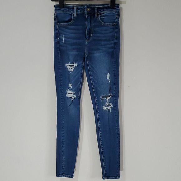 Curvy American Eagle Outfitters Blue Distressed Jeggings - Picture 1 of 8